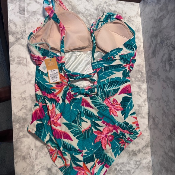 Woman’s Full Coverage Tummy Control Tropical Print Front Wrap OnePiece Swimsuit - Picture 3 of 4